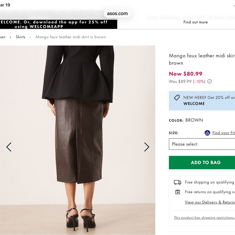 Mango Brown Faux Leather Midi Skirt